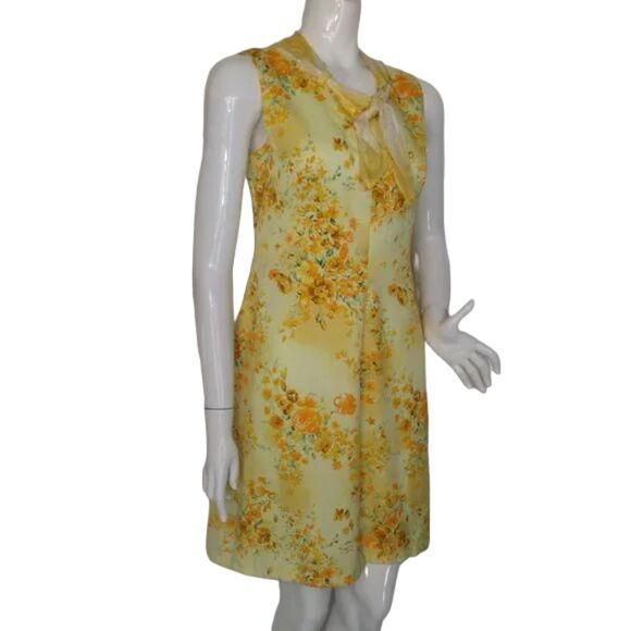 VINTAGE Dress, 4, Yellow Floral, Scarf tie neck, Sleeveless, Handmade - Picture 2 of 13